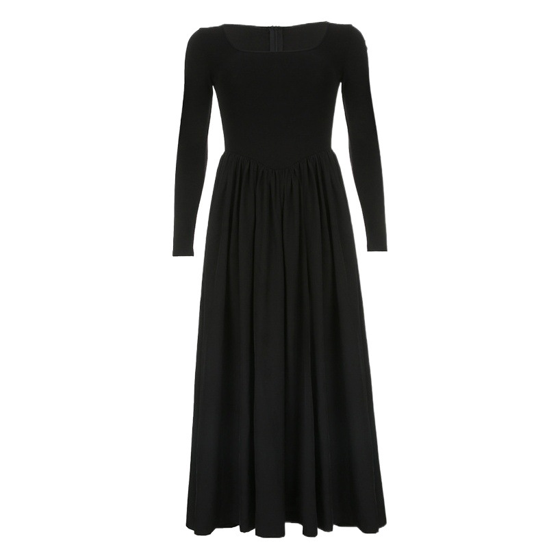 French Square Collar Stitching Black Long Dress Autumn New High Waist Pleated Base Slim-fit Slimming Long-sleeve Dress for Women