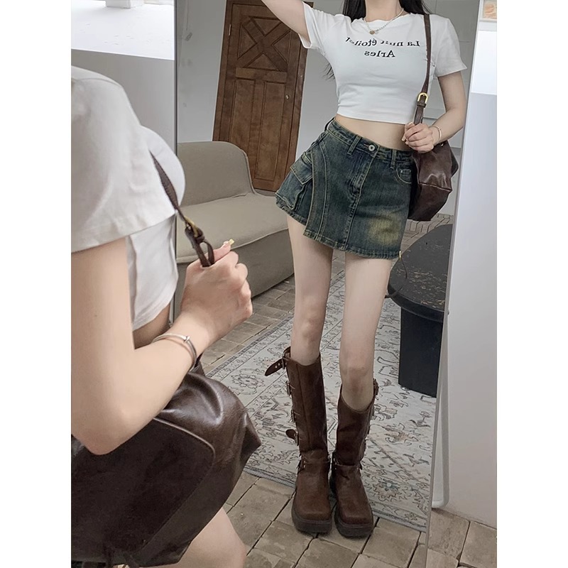 American Style Old Denim Skirt Women's Summer 2024 New High Waist Slimming Irregular Design Hip Skirt