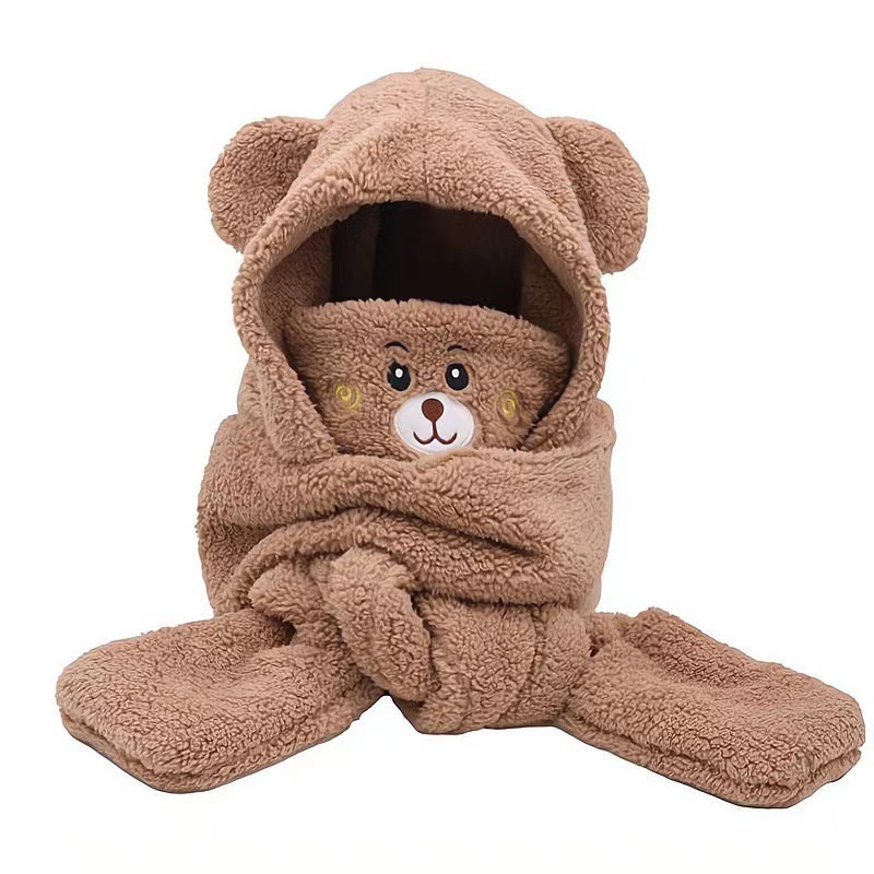 Picture of Autumn and Winter Little Bear Four-Piece Set of Cotton Fleece Cute Neck Warmers, Cycling Gloves, Ear Guards, Hat Scarf, One-Piece Plush