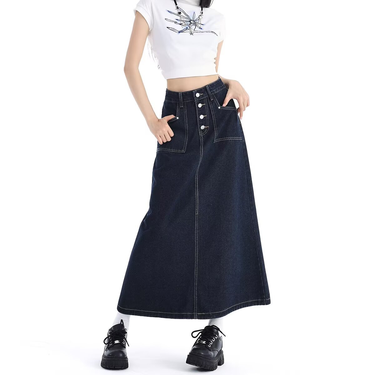 Women's Denim Skirt 2024 New Popular Spring Collection, Flattering A-Line Denim Long Skirt for Slightly Chubby Pear-Shaped Figures