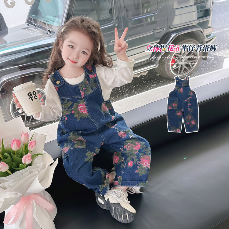Children's Autumn Rose Denim Sleeve Pants Girls' Fashion Trousers Girls' Stylish Pants