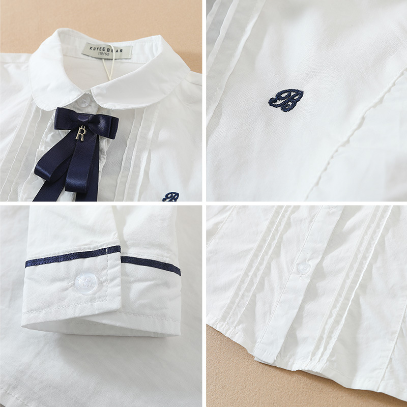 Picture of Spring and Autumn Baby Tops Korean Big Children's Bow Children's Clothing Short-Sleeved Cotton Long-Sleeved Lapel Girls' Shirts Pure Color