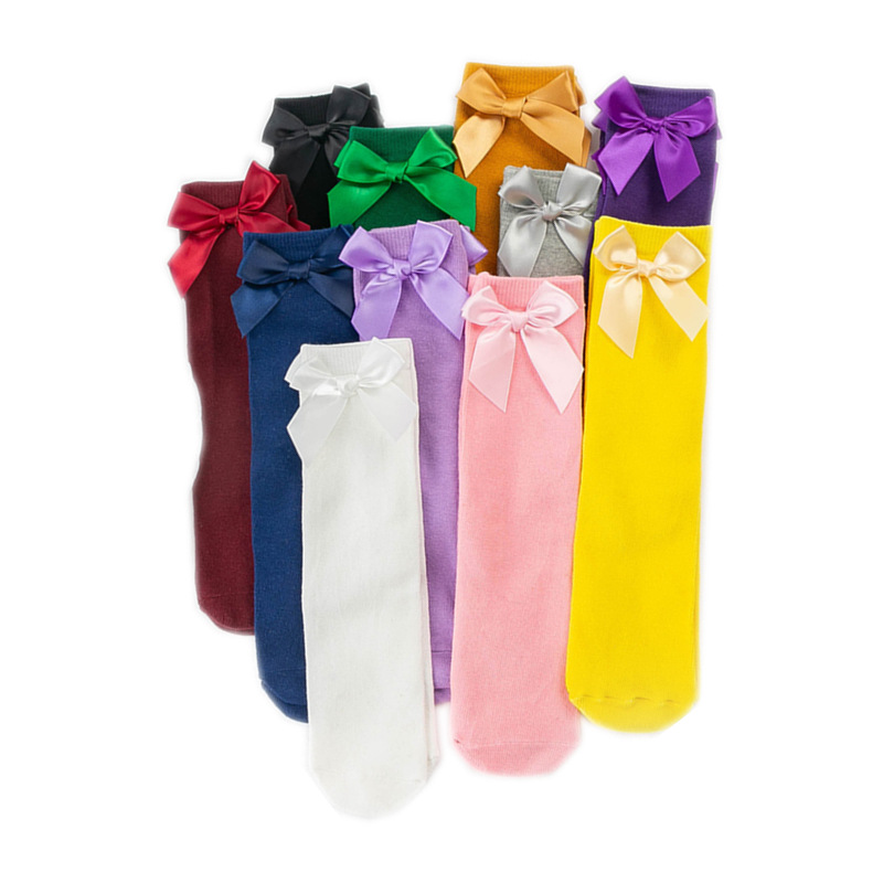 Picture of Children's Mid-Calf Socks, Solid Color Bowknot, Suitable for Both Small and Large Children, Slouch Socks That Can Be Worn Front or Back, Straight Tube, No Heel Socks for Girls