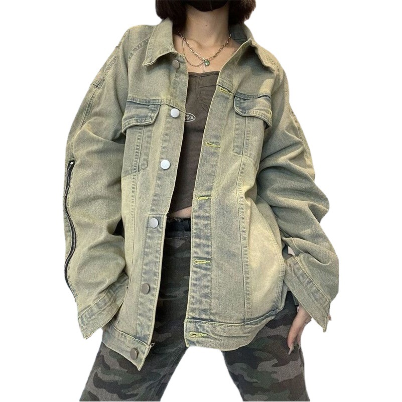 American high street vibe washed old all-matching Denim coat spring and autumn niche retro loose couple jacket women's fashion
