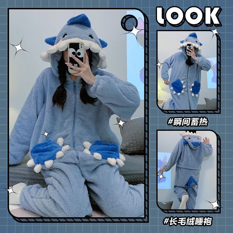 Plush Coral Fleece Shark Printed Jumpsuit Pajamas Women's Autumn and Winter Thickened Hooded Nightgown Home Clothes