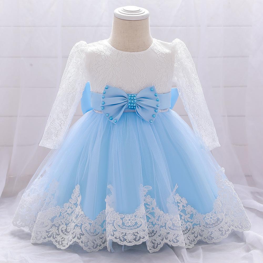 Picture of Amazon one-year-old dress long sleeve lace stitching wash dress bow beaded girl dress