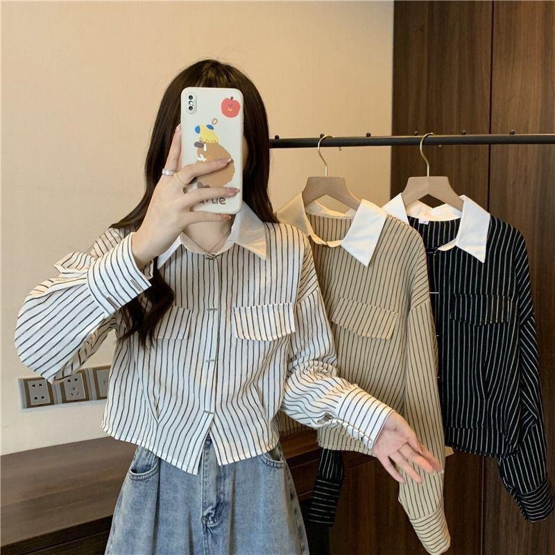Small striped long sleeve shirt women's shirt short design sense niche top spring and autumn 2024 new