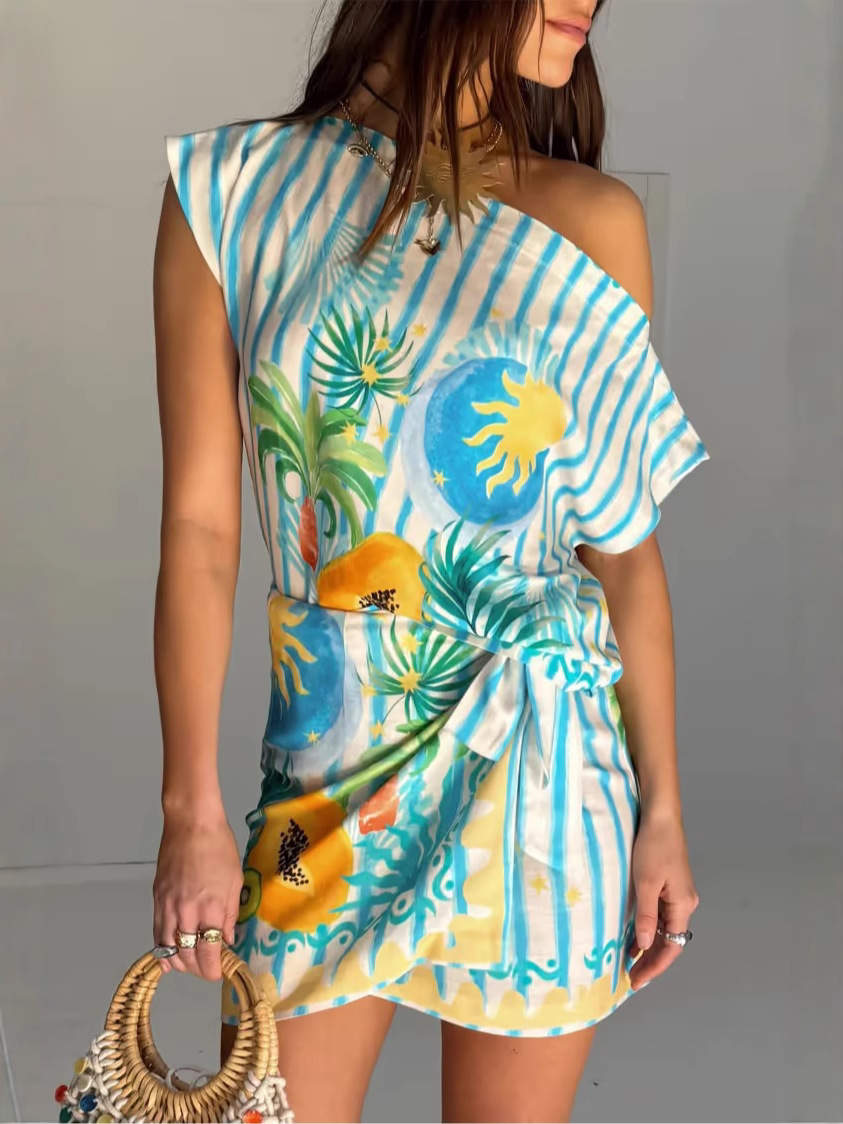 European and American Cross-Border 2025 Aliexpress Amazon Independent Site Elegant Off-Shoulder Linen Sexy Bodycon Dress with Tie Set