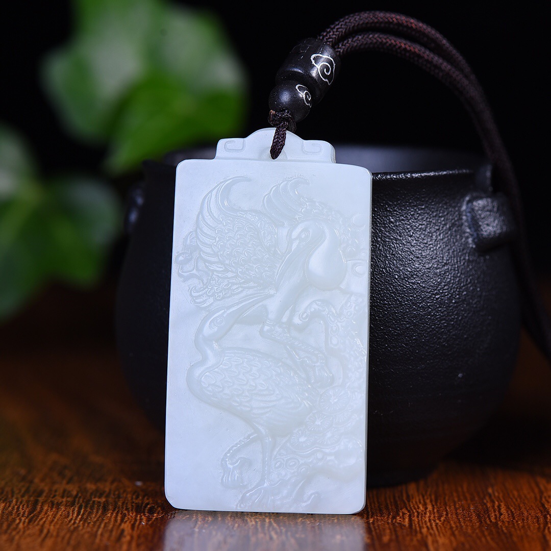 Hetian Jade Pine and Crane Longevity Square Pendant White Jade Pendant for Men and Women Carved Versatile Hanging Ornament Jade Tag Jade Pendant