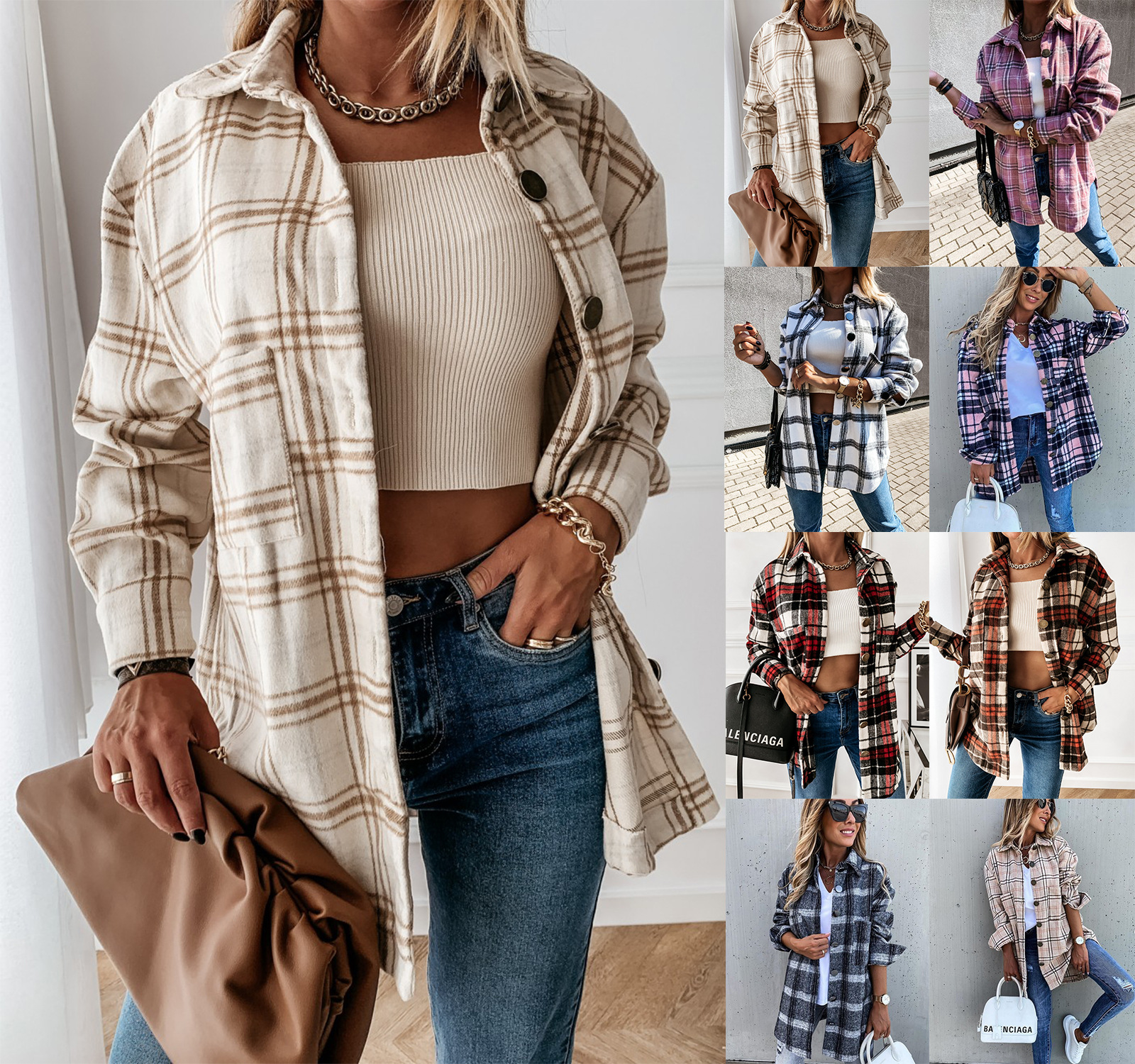 ebaywish Hot Ins Internet Celebrity Autumn and Winter Loose Casual Retro Plaid Long Sleeve Shirt Coat Women