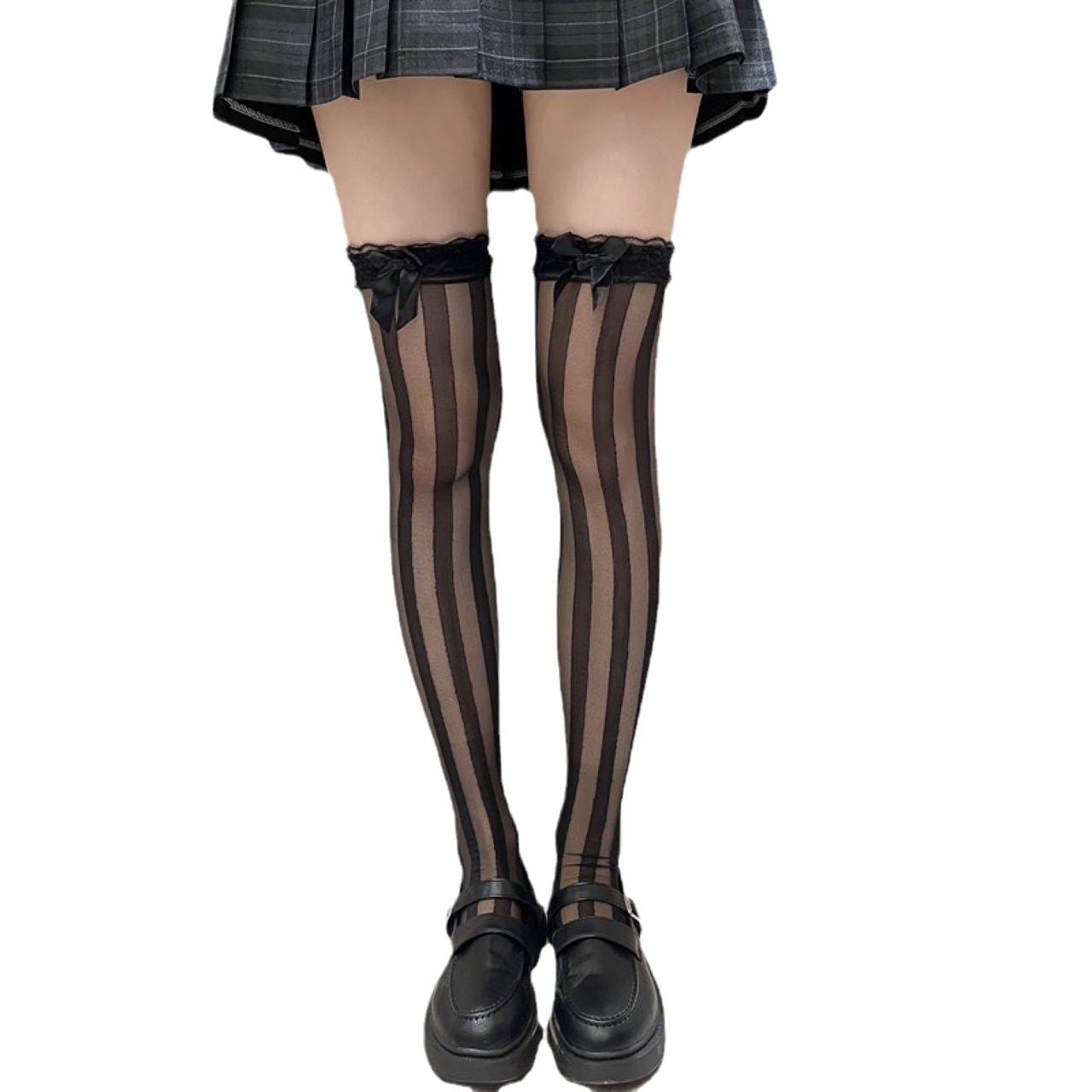 Picture of Sexy Lace Bow Slim Vertical Stripe Stockings Thin Black Lace Thigh Black Silk Lolita Over the Knee