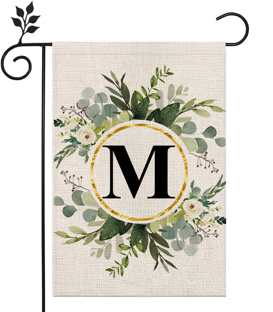 Picture of Simple ins style 26 letters + green plant printed linen garden flag surname initials courtyard door flag