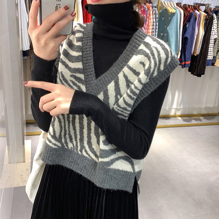 Zebra Pattern Knitted Vest Sweater Vest Women's Outer Wear Small Autumn V-Neck All-match Retro Korean Style Waistcoat Outer Wear