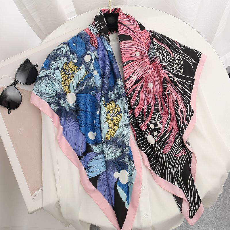 Picture of Autumn and winter all-match shawl animal printed black and white simple large square 90*90CM imitation silk twill silk scarf for women
