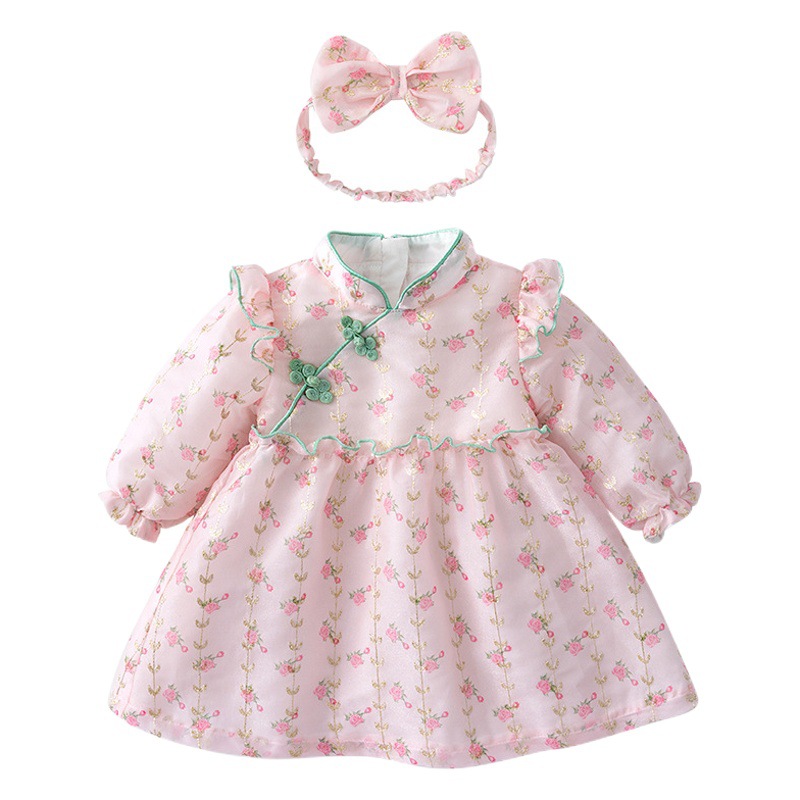 Girls Floral Cheongsam 0-2 Years Old Baby Girl Dress 2024 Autumn New Chinese Style Kidsren's Princess Skirt
