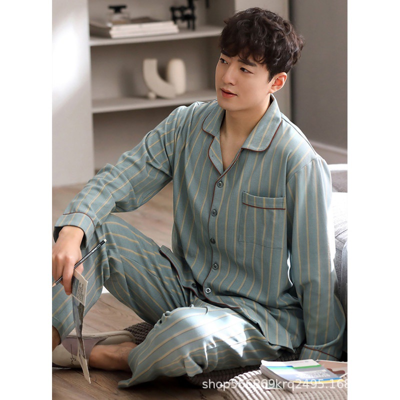 Picture of [Cloud Sense Sleeping] Spring and Summer Thin Men's Pajamas Men's Lapel Long Sleeve Casual Outer Wearing Home Clothes One suit