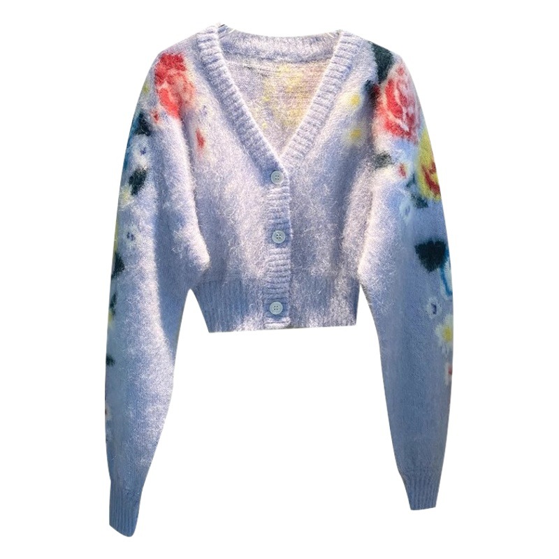 Miu Style Mohair Short Cardigan Outwear Rose Jacquard Exquisite Slim Knitted Sweater Women's V Neck Top Winter