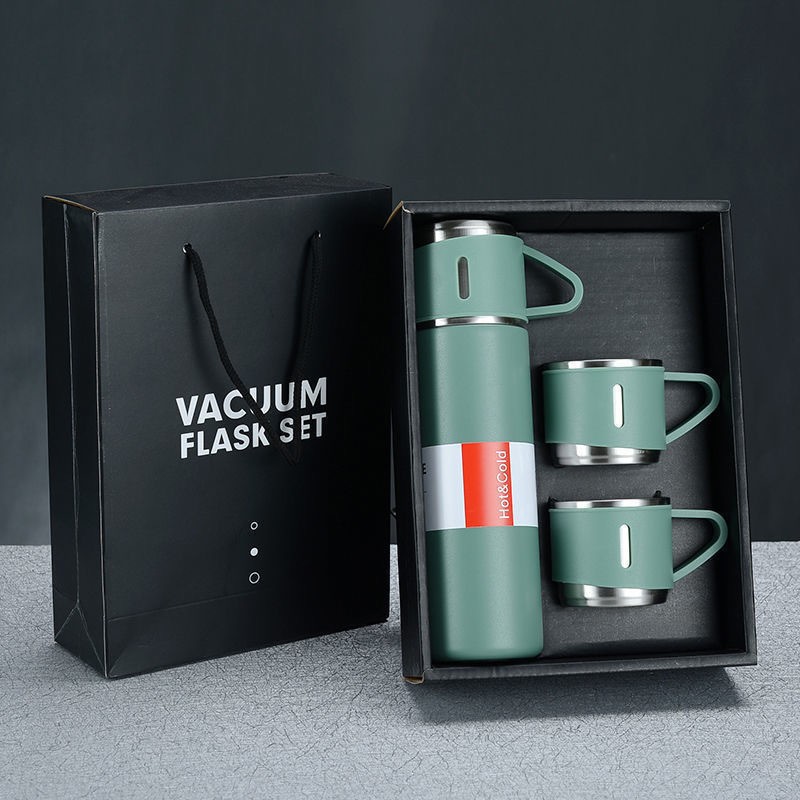 One Cup Three-Lid New Stainless Steel Thermos Cup Gift Box Set 500ml Men's Business Tea Gift Cup with Logo Printed