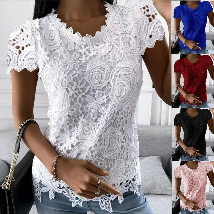 Independent Station Amazon New Women's Clothing European and American Cross-Border Export New Lace Shirt Short-Sleeved Top
