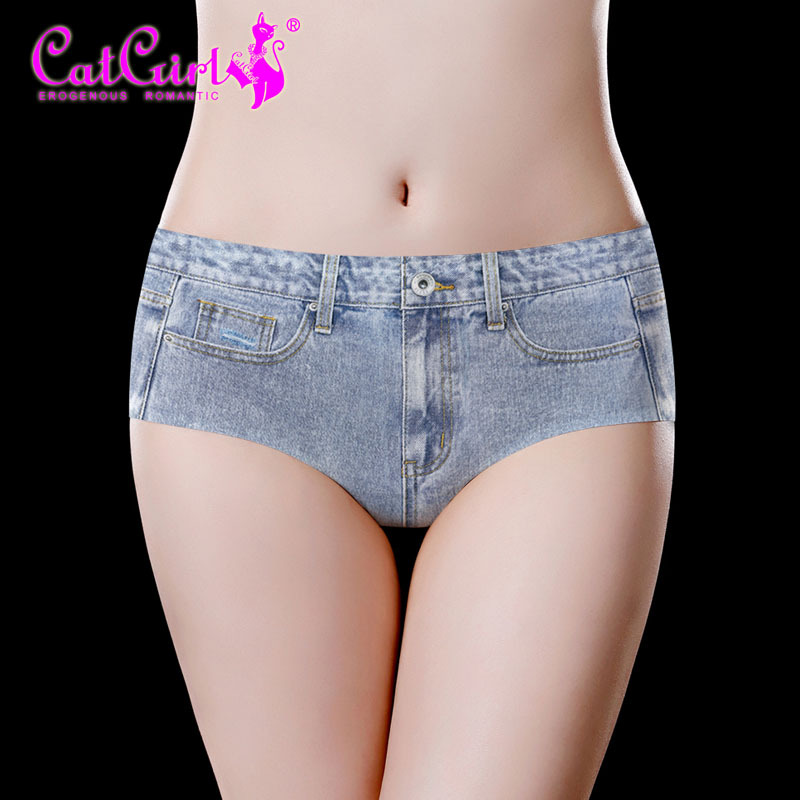 catgirl retro denim seamless underwear waist ladies one-piece briefs printed underwear manufacturers source