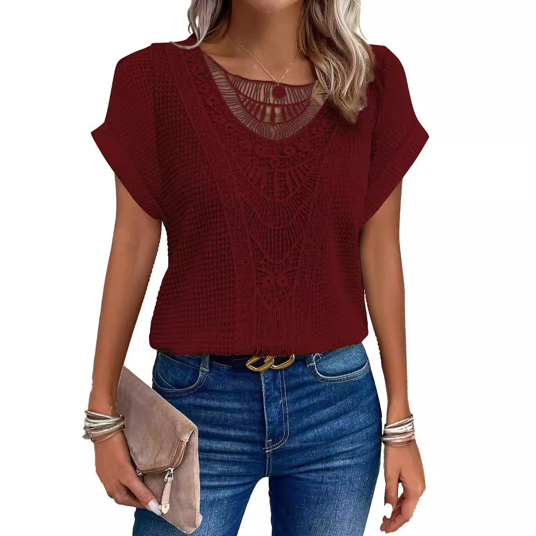 Picture of 2024 Amazon European and American spring and summer new independent stand lace stitching short-sleeved T-shirt in stock cross-border women's clothing