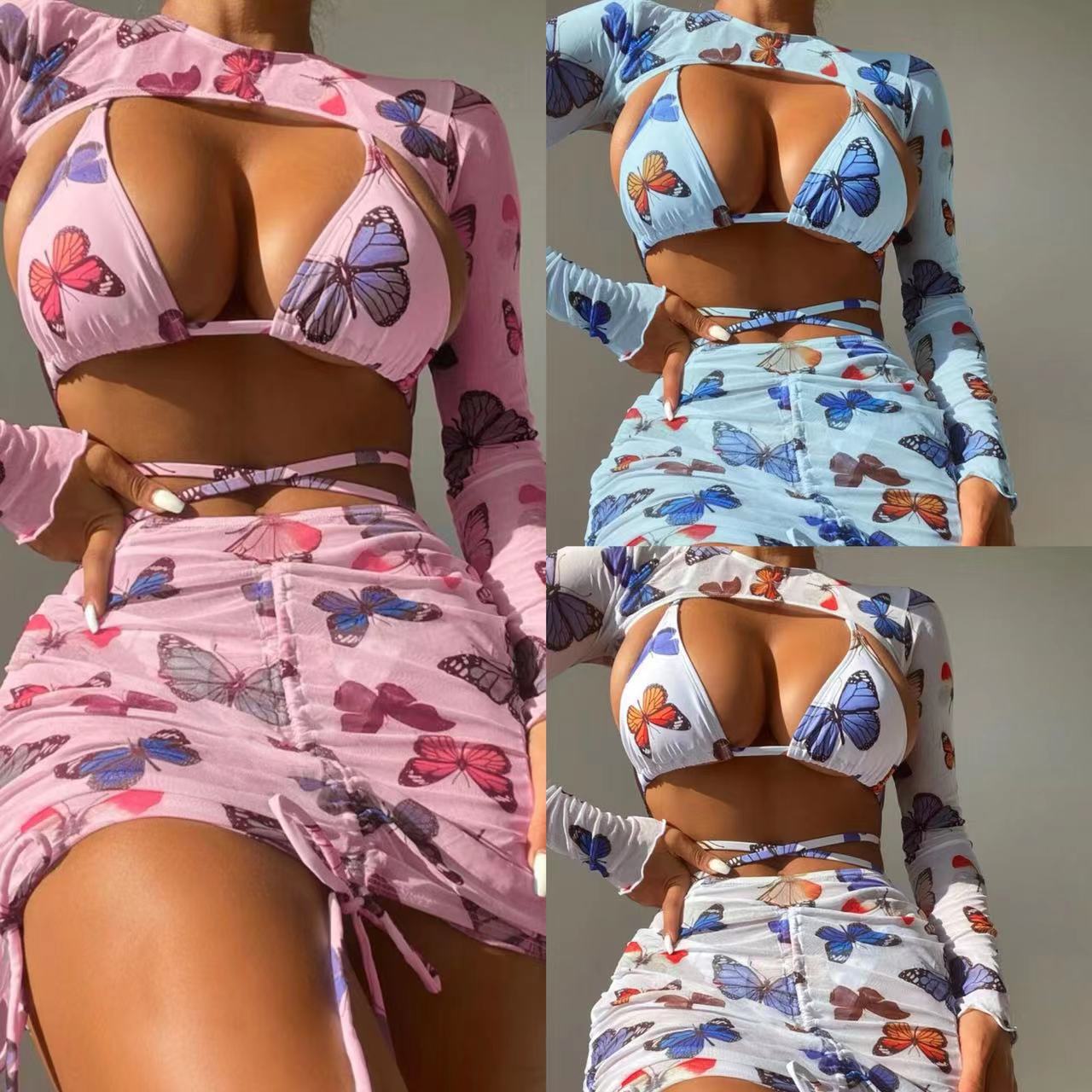 2025 European and American New Butterfly Print Drawstring Straps Sexy Four-Piece Swimsuit Bikini Bikini Cross-Border