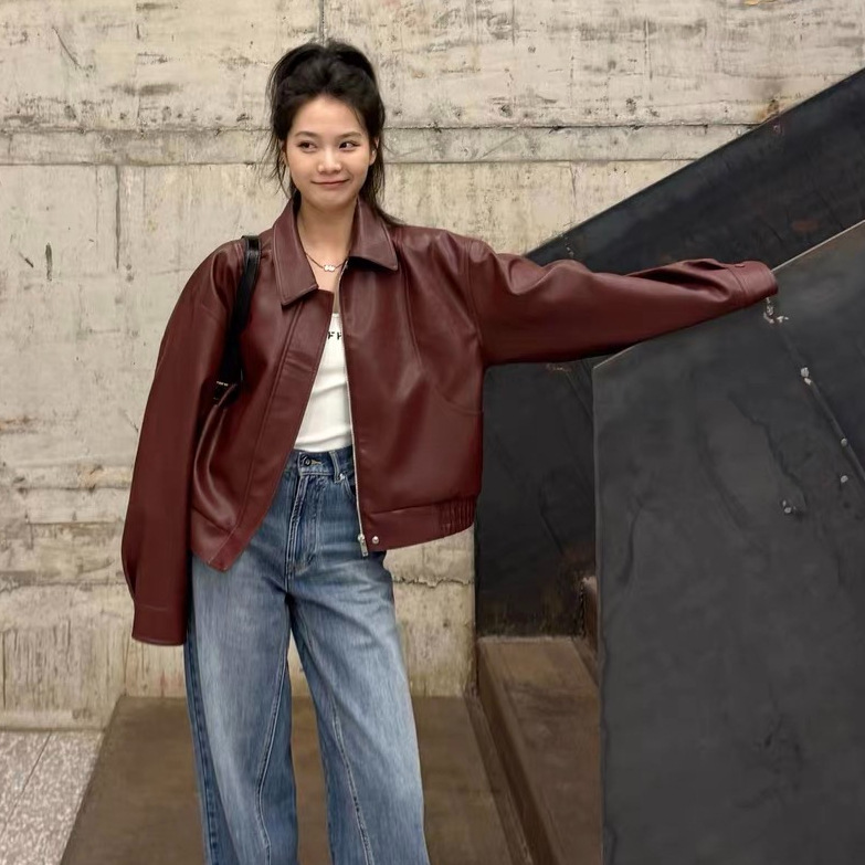 Leather jacket for women, 2025 new style, early spring casual short petite red leather jacket