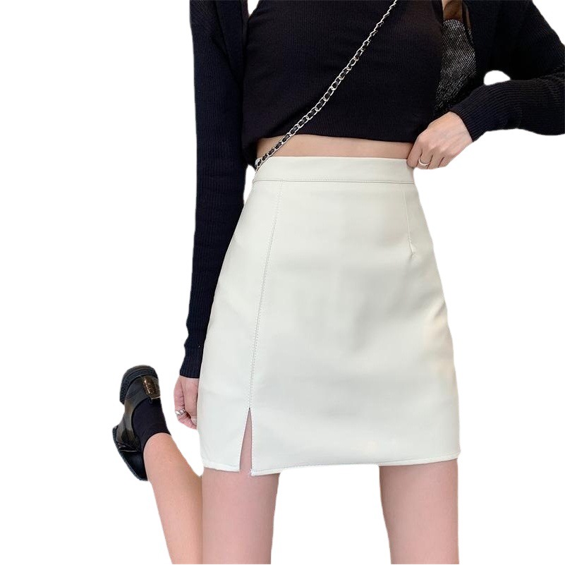 PU leather skirt autumn and winter 2023 new women's skirt small high waist A- line hip skirt with sweater
