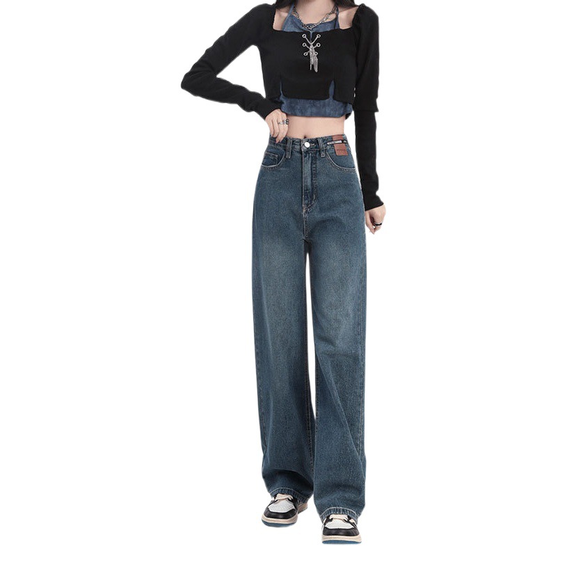 Leather brand design jeans women's autumn and winter fleece-lined high waist straight draping thickened warm mop wide leg long pants