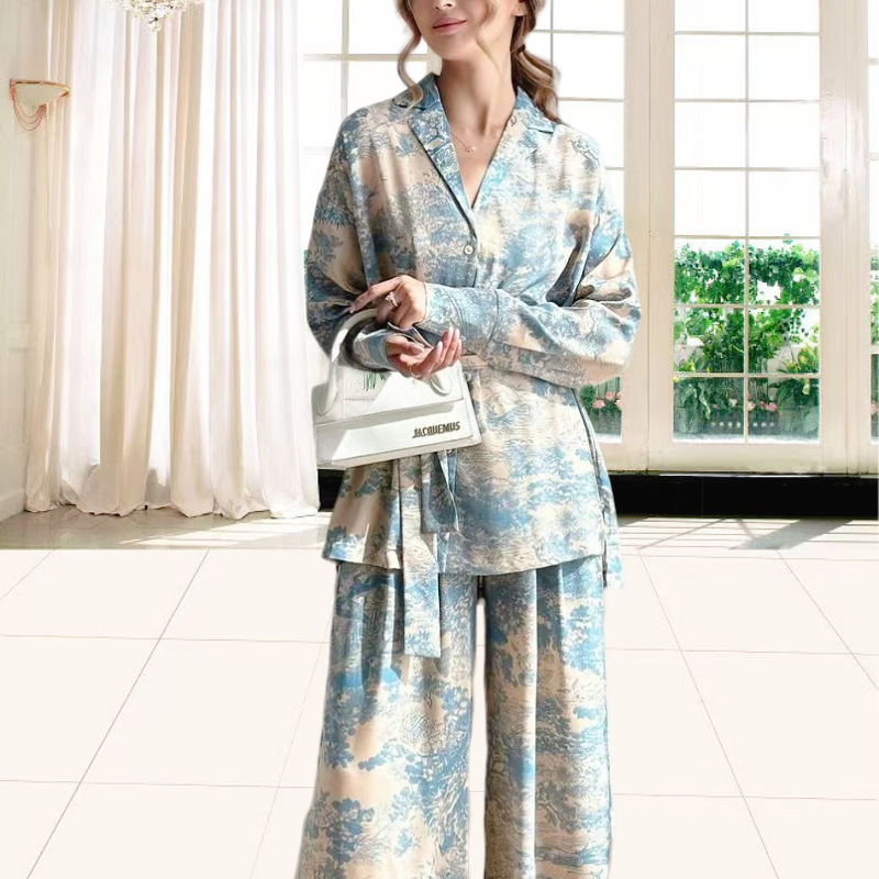 2024 cross-border new fashion French Amazon printed long sleeve lace-up shirt high waist wide leg pants women's suit