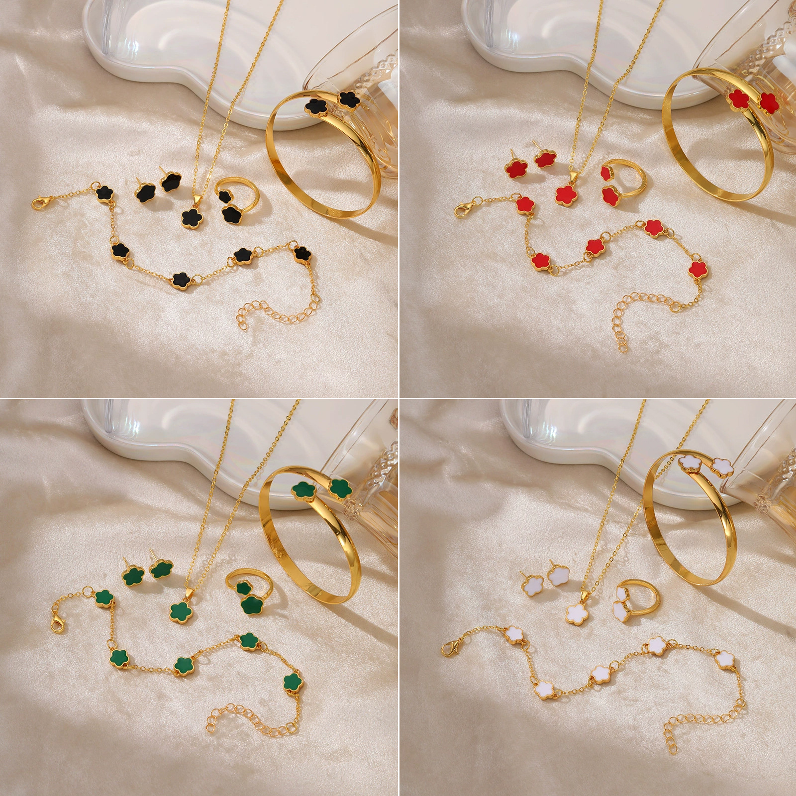 Cross-border Hot Sale Five-leaf Clover Jewelry suit Women's Simple Oil Dripping Lucky Flower Necklace All-match Bracelet Earrings
