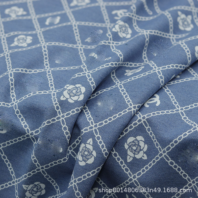 Picture of High D Camellia Printed Washed Denim Fabric Clothing Fabric Handmade DIY Clothes Jacket Pants