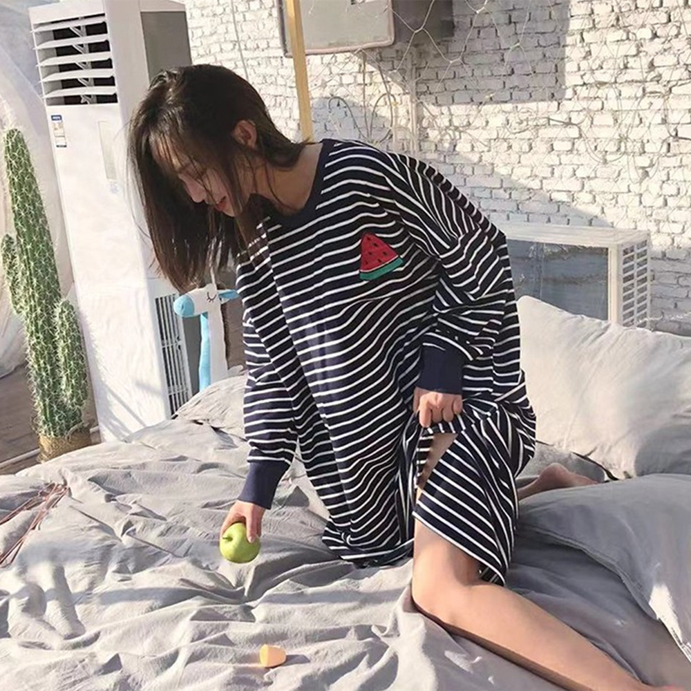 Foreign trade Korean striped long sleeve nightgown watermelon pineapple fruit plus 85kg to 185kg can be worn outside the home clothes
