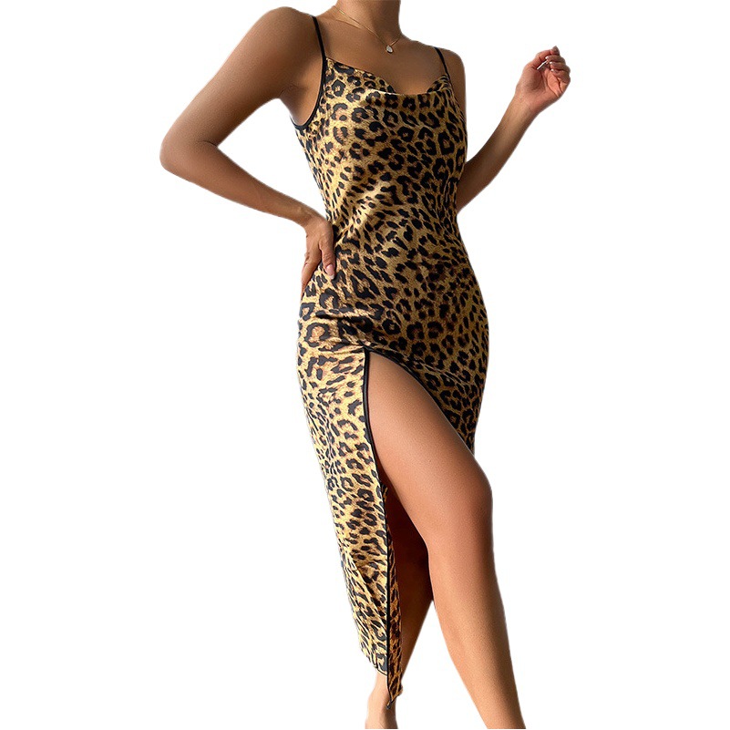Ice Silk Slip Skirt Summer Thin Breathable Silk Sexy Leopard Pajamas Women's Backless Slip Slip Nightgown