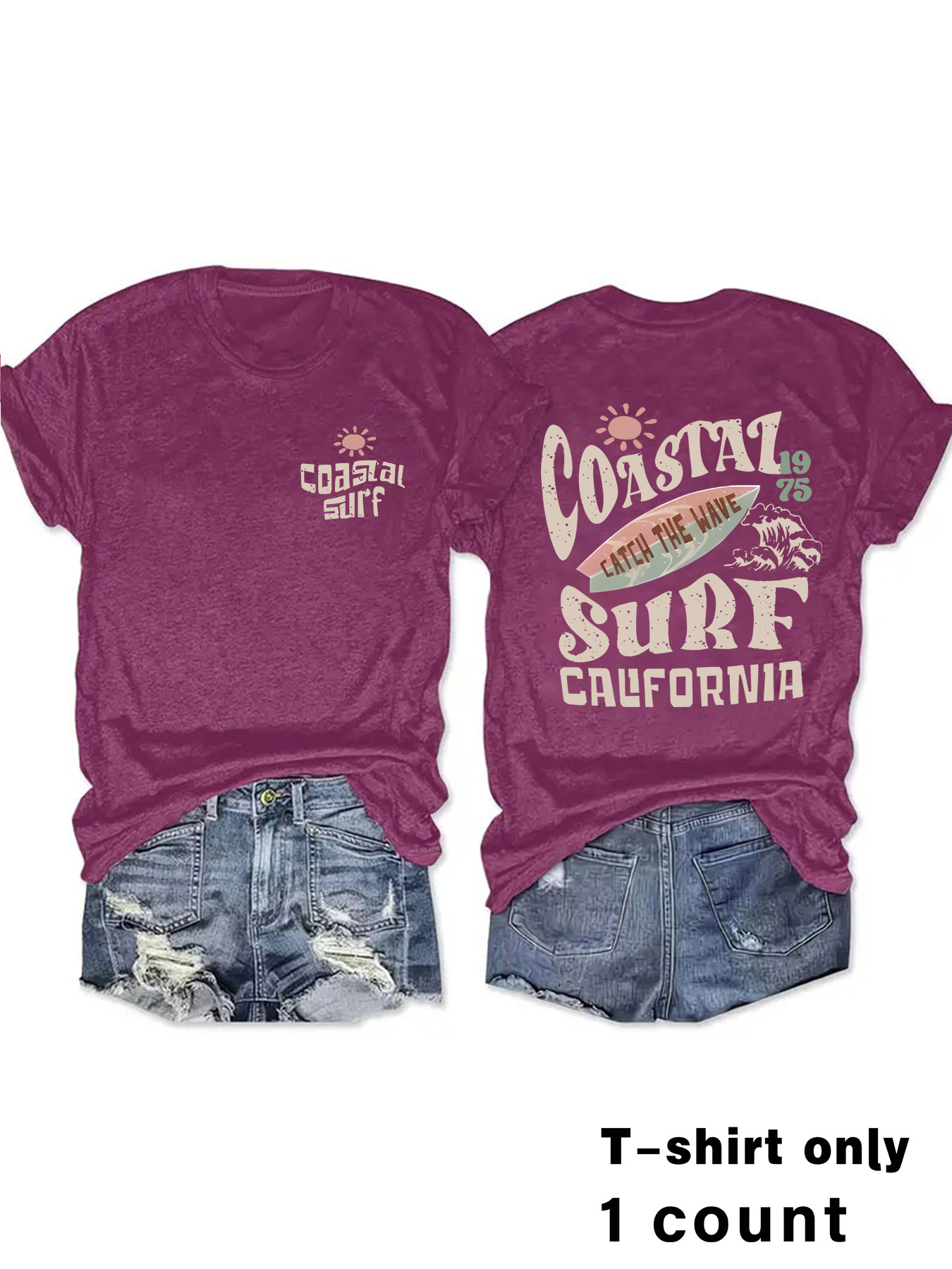 Picture of European and American Round Neck Vintage Coastal Surf Californiamatc Top Women's T-Shirt Loose Short Sleeves