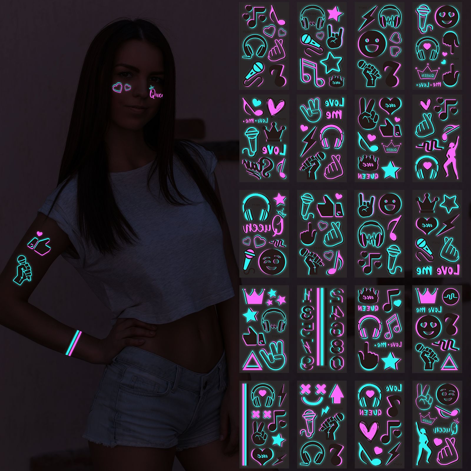 New Spot Double Color Luminous Tattoo Sticker Nightclub Music Festival Xue Zhiqian Star Concert Tattoo Face Sticker