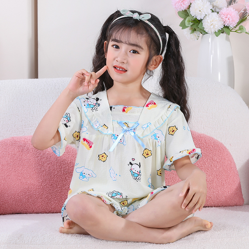 Picture of Children's Pajamas Summer Bubble Girls Cute Cartoon Princess Style Square Collar Short Sleeve Shorts Large Children's Home Clothes