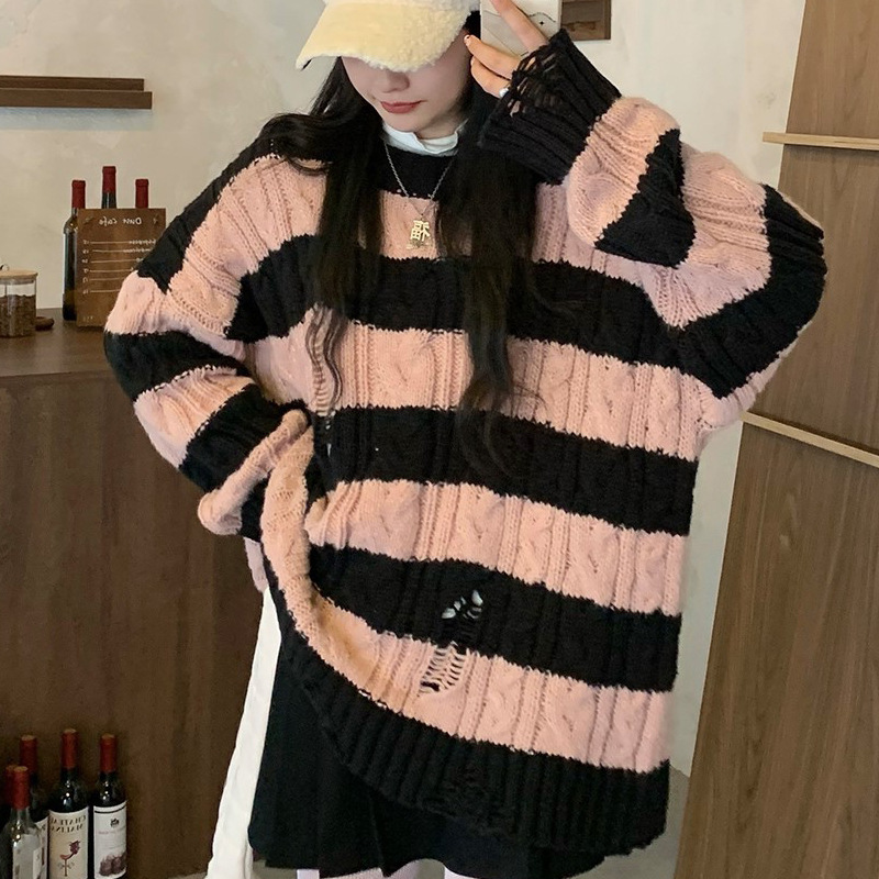 Picture of Pink Striped Loose Lazy Hole First Love Sweater Women's Autumn and Winter Sweater Design Sense