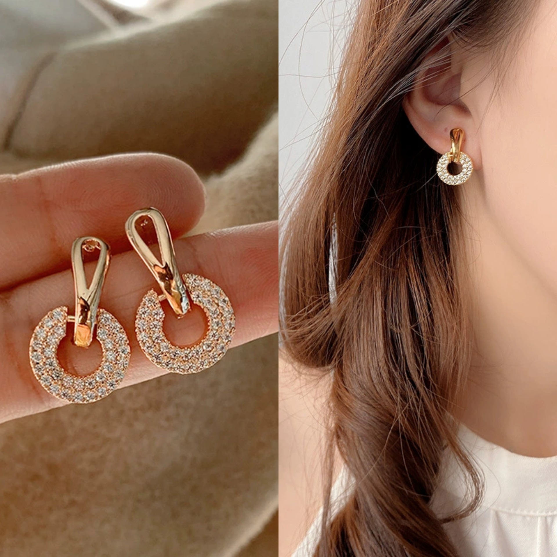 Retro Light Luxury Female Socialite Geometric Circle Earrings Exquisite Small Personality All-match Full Diamond Earrings Korea Dongdaemun