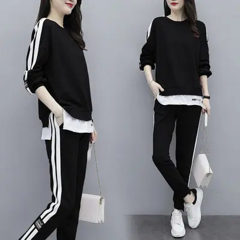 8112023 plus size women's clothing for fat girls Autumn New Western style casual suit slimming sweater two-piece set