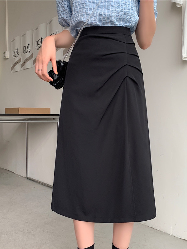 Irregular Pleated Split Skirt Summer A- Line Skirt French Style Elegant Commuting All-Match Hot Girl Hip Skirt
