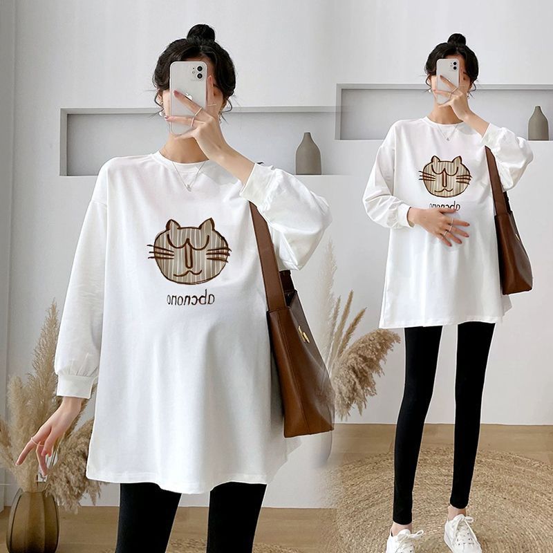 Picture of Trendy pregnant mother autumn cotton long-sleeved T-shirt 2023 plus size loose Korean style white drawstring mid-length bottoming shirt T-shirt