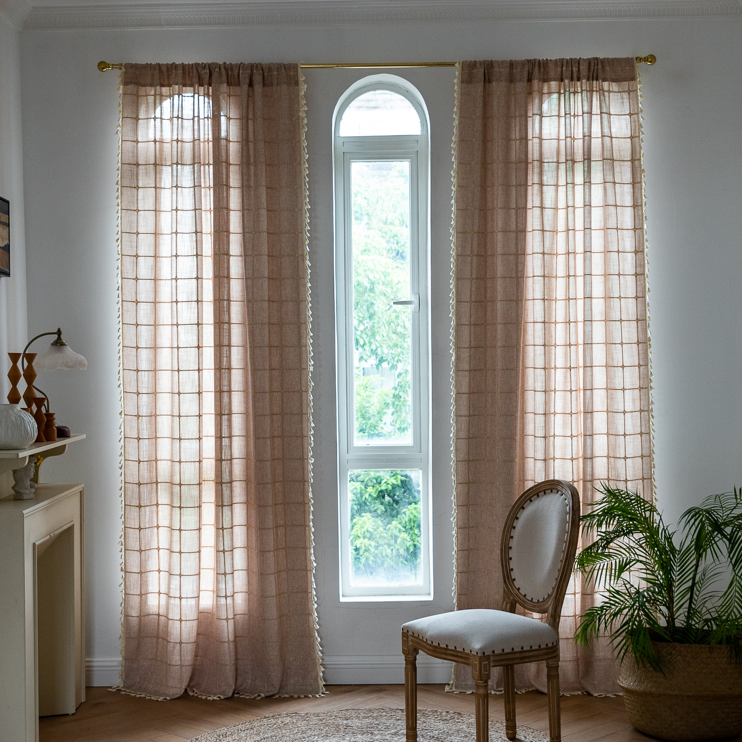 Picture of Sien cross-border popular curtain finished product punch-free Rod set American living room bedroom tassel balcony Plaid curtain