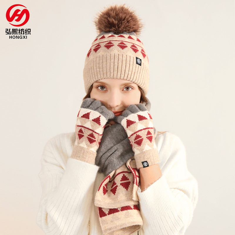Picture of Winter New Product Japanese Style Knitted Gloves, Scarf and Hat Three-Piece Set Wool Warm and Cold-Proof Fur Ball Scarf Three-Piece Set