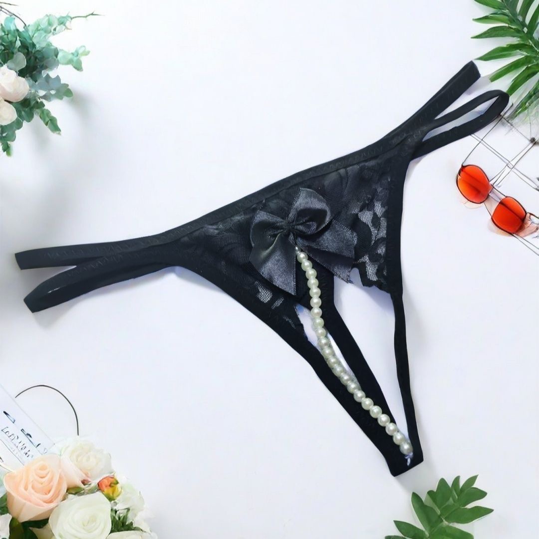 Transparent Lace Open Long G-string Bow-free Sexy Beads Temptation Underwear Fashion Women's Japanese Style