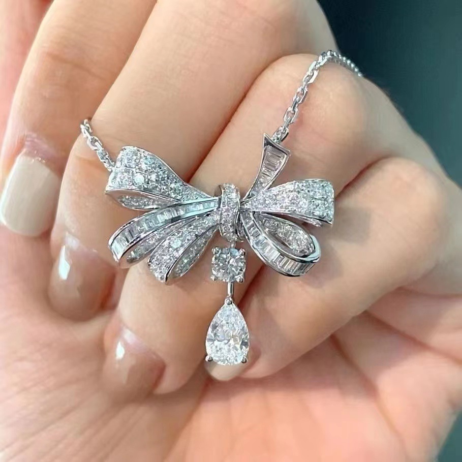 Full Diamond Zircon Bow Pendant Water Drop Simple Elegant Versatile Necklace Women's Clavicle Chain New Style Exquisite Necklace