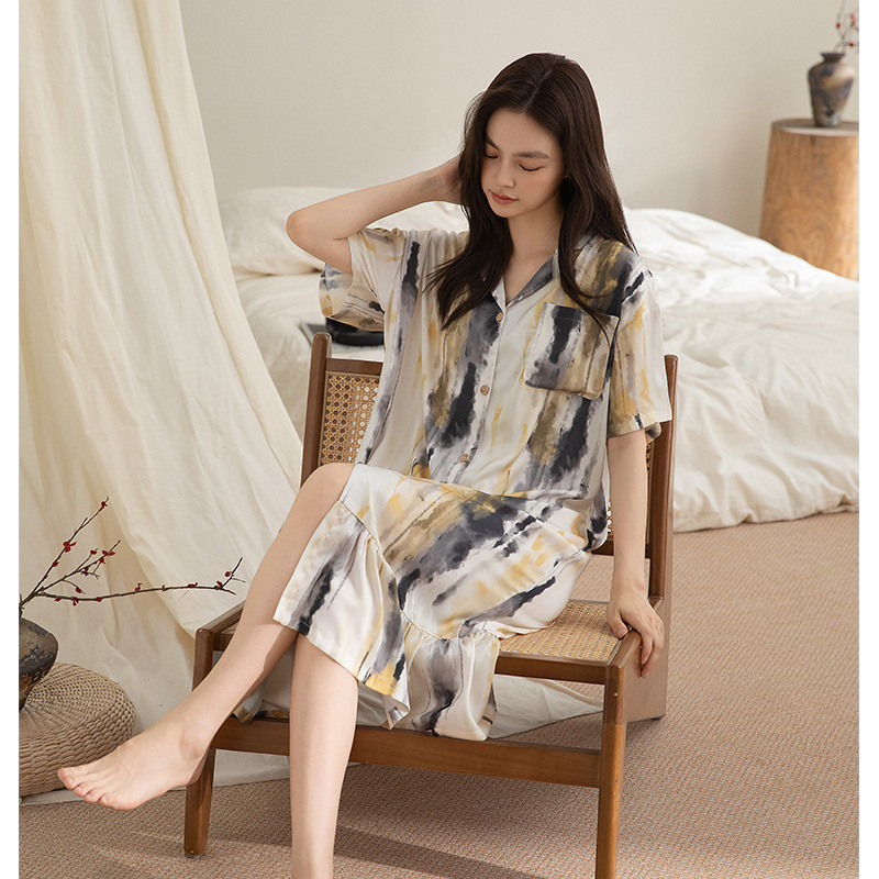 New Ice Silk Nightgown Women's Summer Short-sleeved Cardigan Mid-length Pajamas Thin Korean Style Loose Plus Size Home Clothes