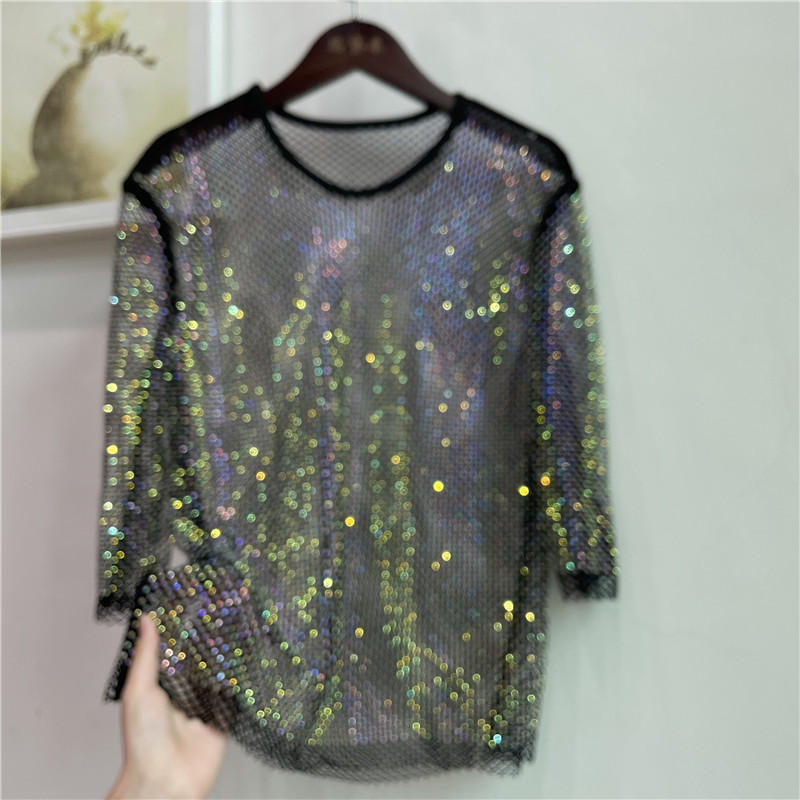 A generation of summer clothes bright starlight perspective hollow sparkling colored diamond fish net crew neck seven sleeve jacket women