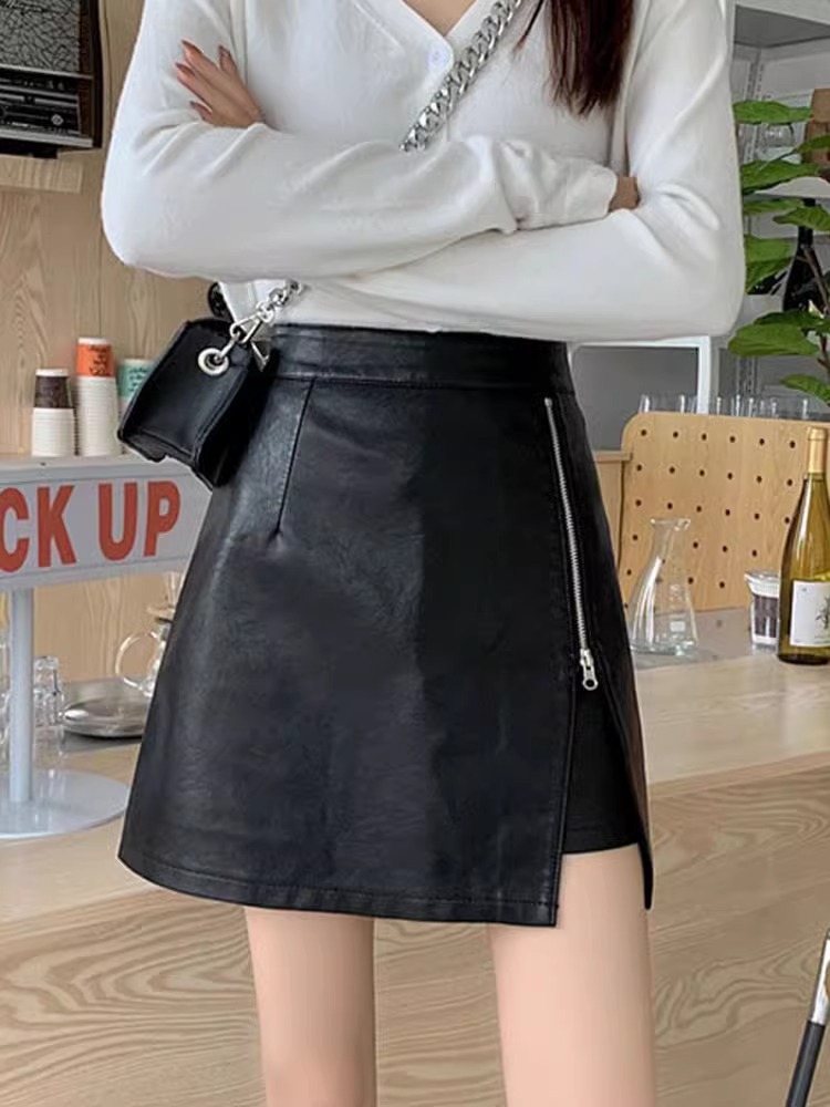 High Waist Slim Skirt Women's 2023 Autumn and Winter New Puleather Hip Skirt Korean Fashion Irregular A- line Skirt