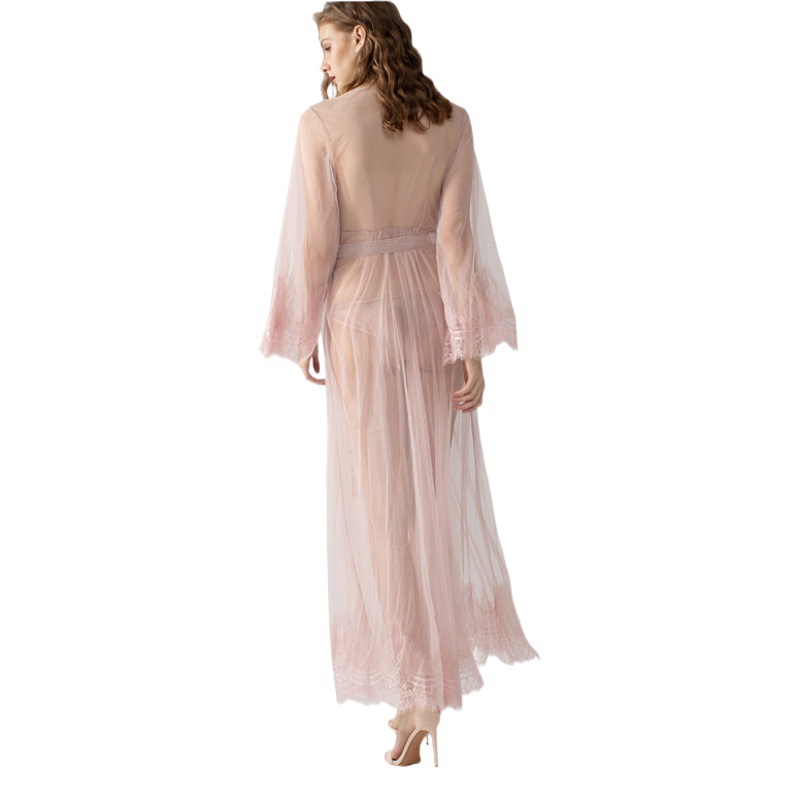 Cross-border lace mesh perspective sexy pajamas suit temptation dating shirt long pajamas robe tide wholesale